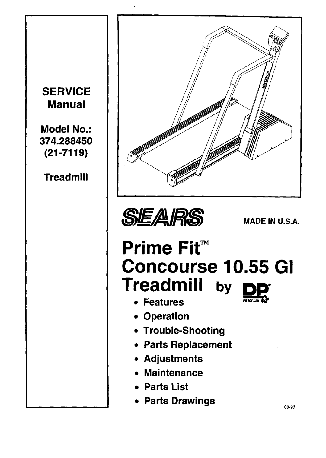 Sears 21-7119, 374.288450 service manual Prime Fit Concourse 10.55 GI Treadmill by pp 