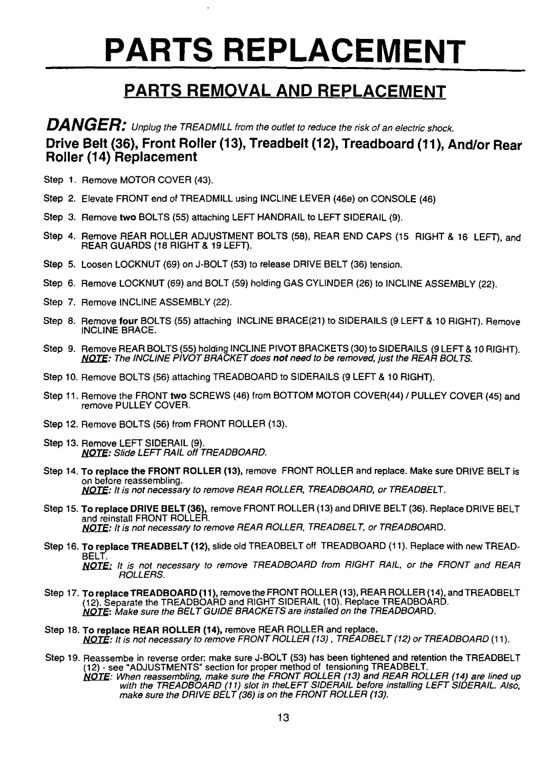 Sears 21-7119, 374.288450 service manual Parts Replacement, Parts Removal and Replacement 