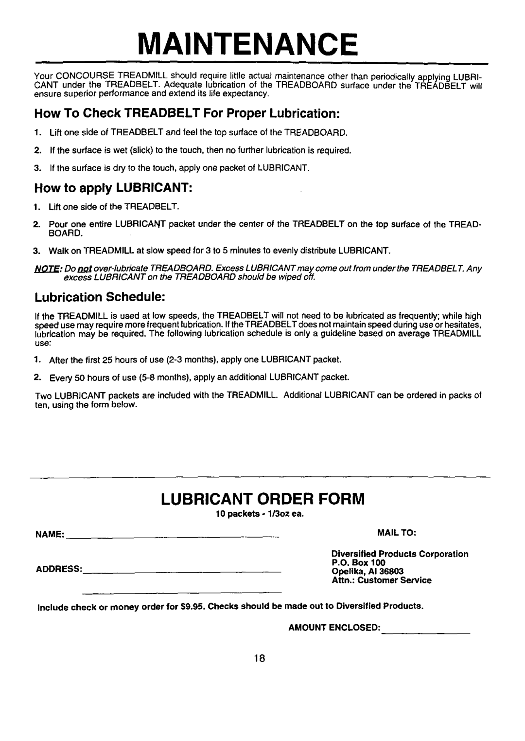 Sears 374.288450, 21-7119 service manual Maintenance, Lubricant Order Form, Lubrication Schedule, Packets 1/3oz ea 