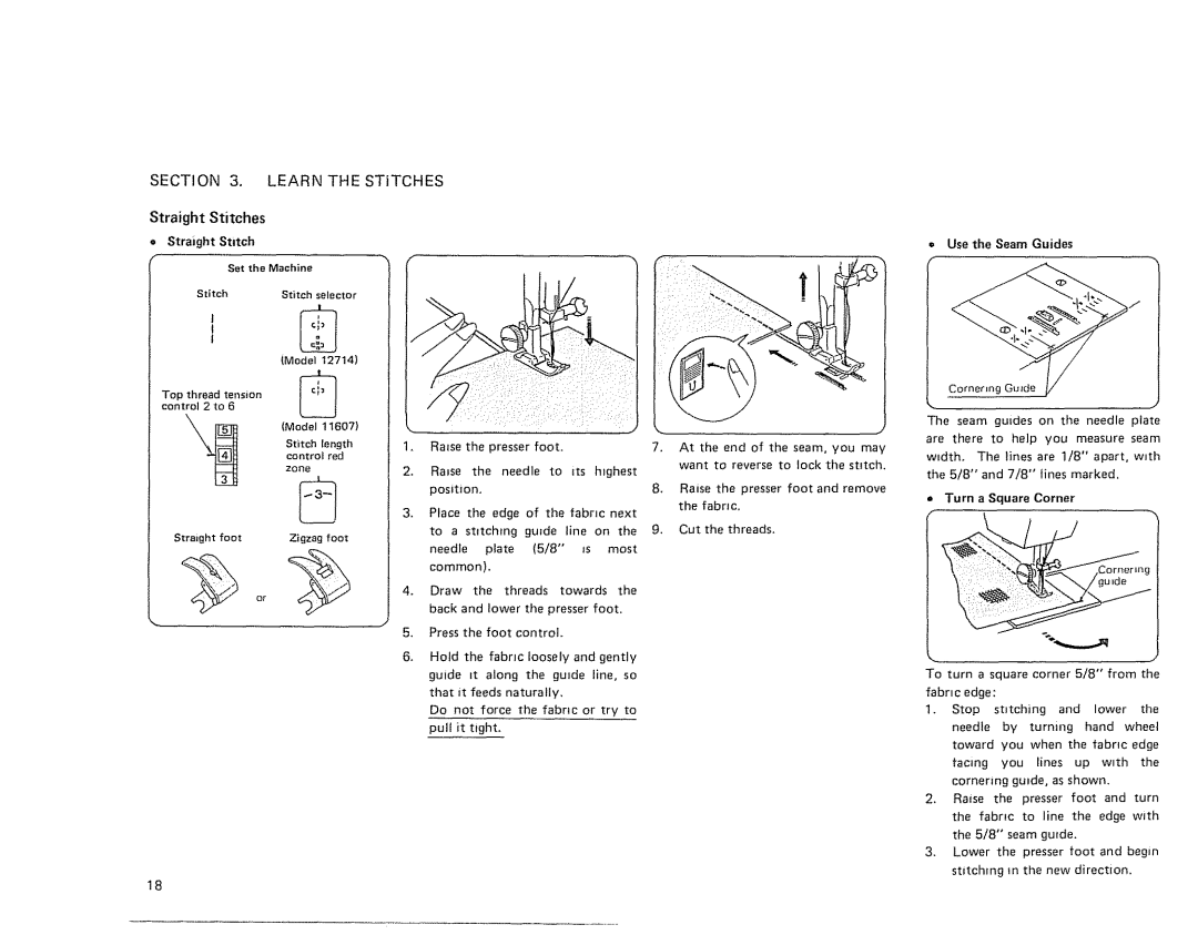 Sears 385. 11607 owner manual Learn the Stitches, Straight Stitches 