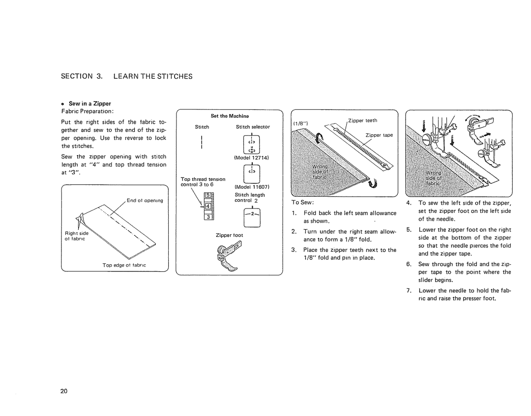 Sears 385. 11607 owner manual = Sew in a Zipper Fabric Preparation, Control 3 to 