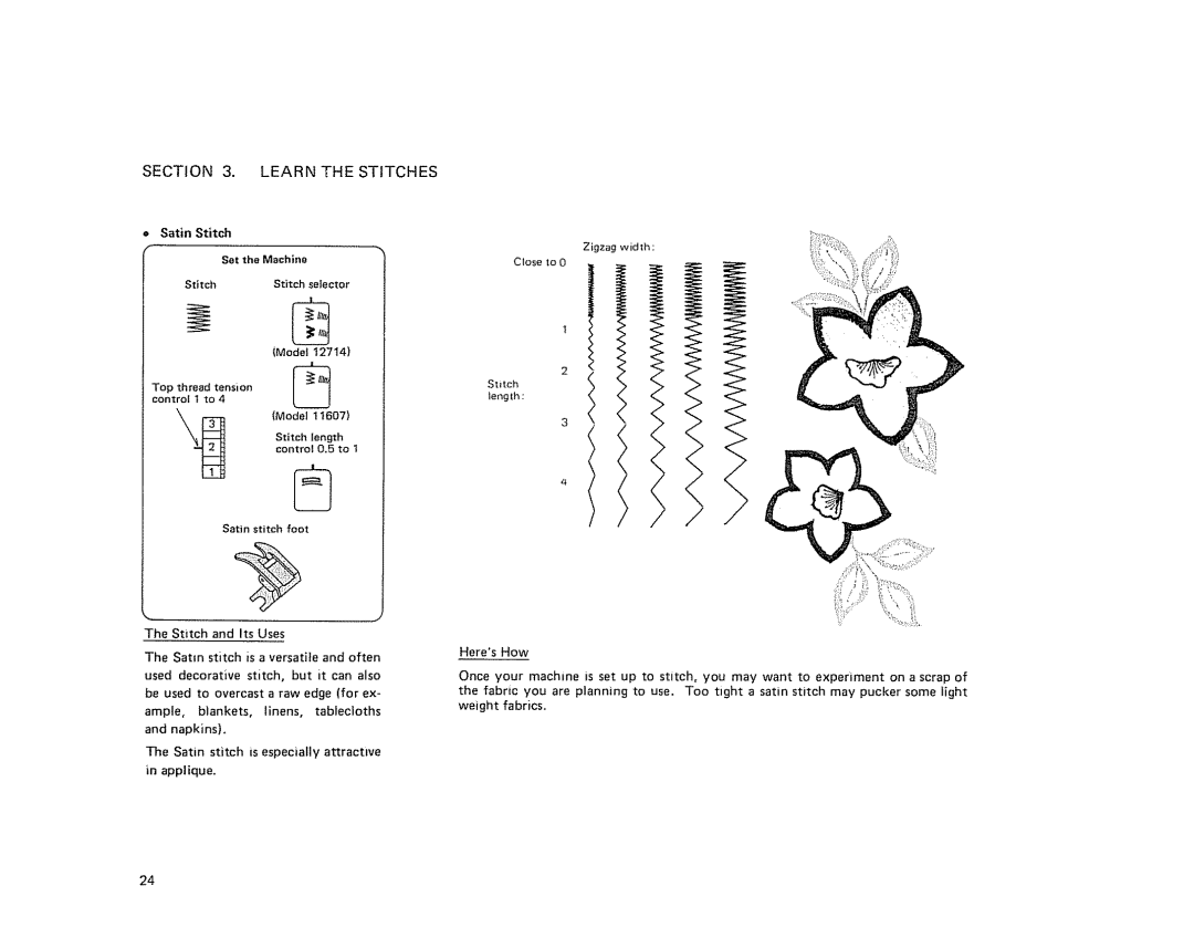 Sears 385. 11607 owner manual = Satin Stitch, Control t to, Stitch length control 0.5 to 