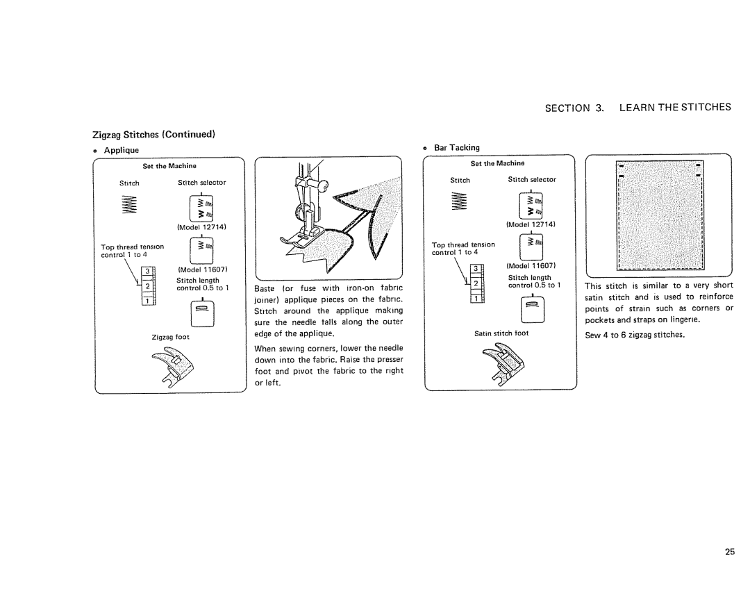 Sears 385. 11607 owner manual Zigzag Stitches, Bar Tacking 