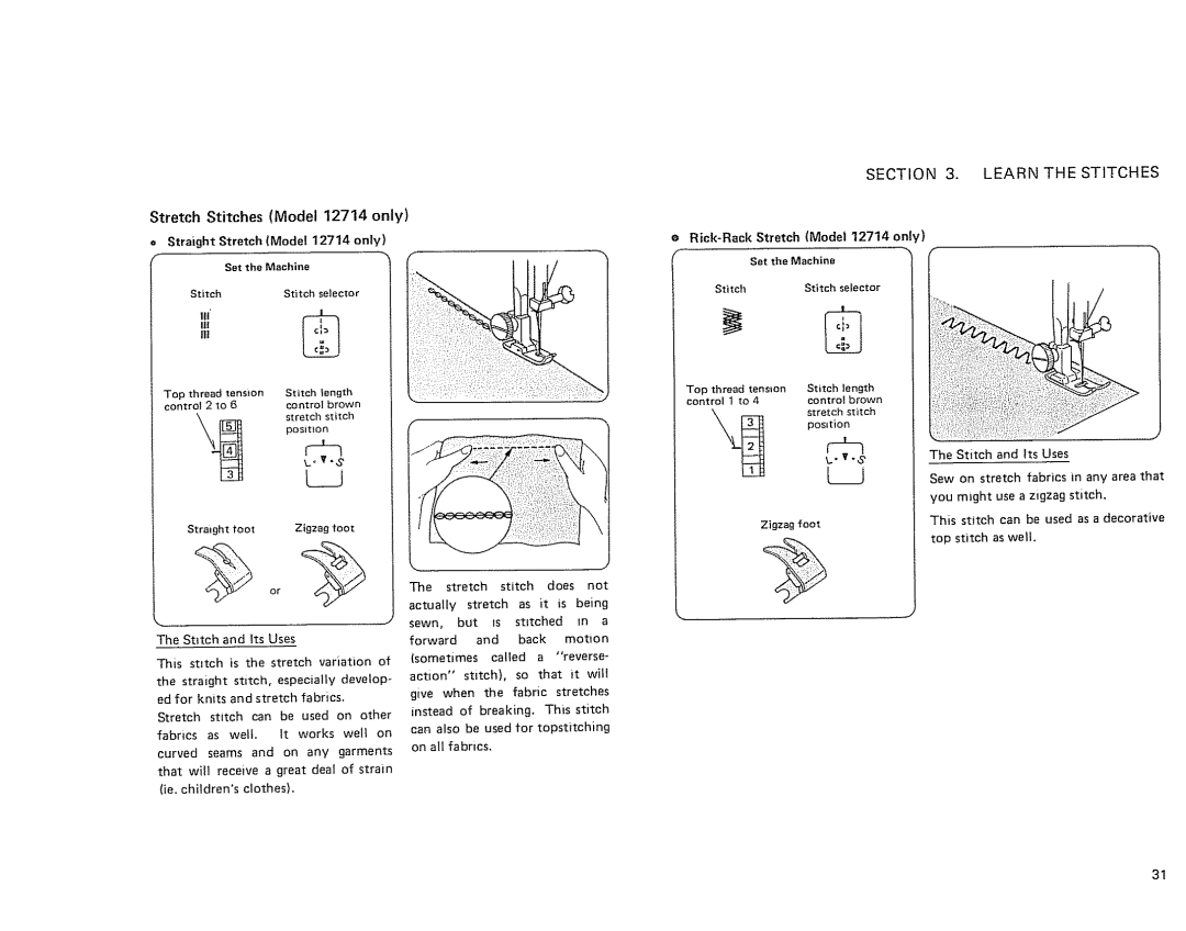 Sears 385. 11607 owner manual Stretch Stitches Model 12714 only, Rick-Rack Stretch Model 12714 only 