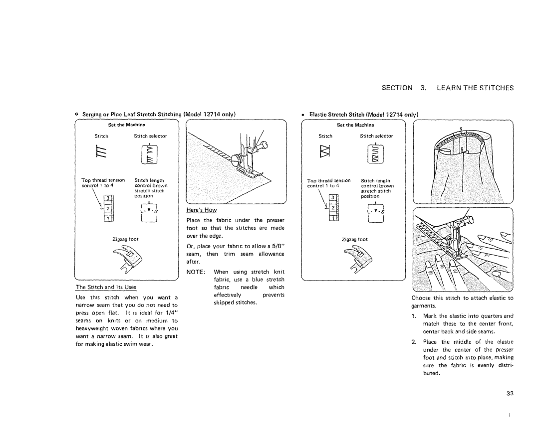 Sears 385. 11607 owner manual = Elastic Stretch Stitch Model 12714 only Set the Machine 