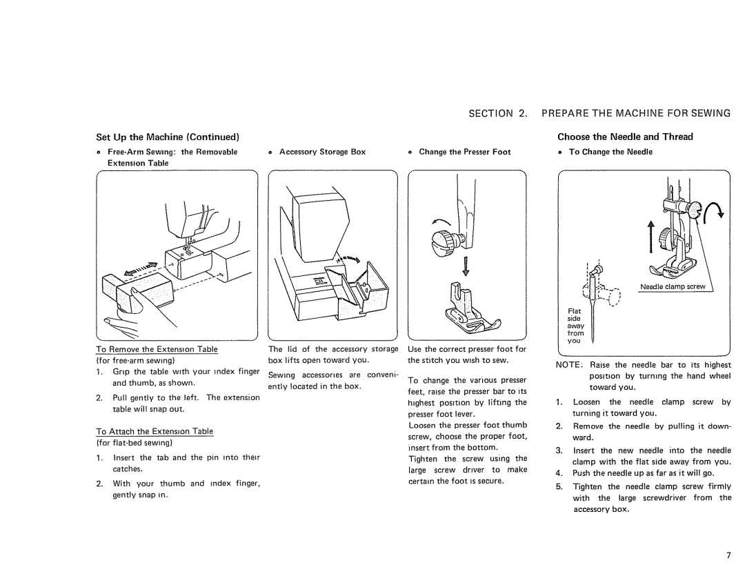 Sears 385. 11607 owner manual Choose the Needle and Thread, = To Changethe Needle, Correct Presser, Position, Lever 