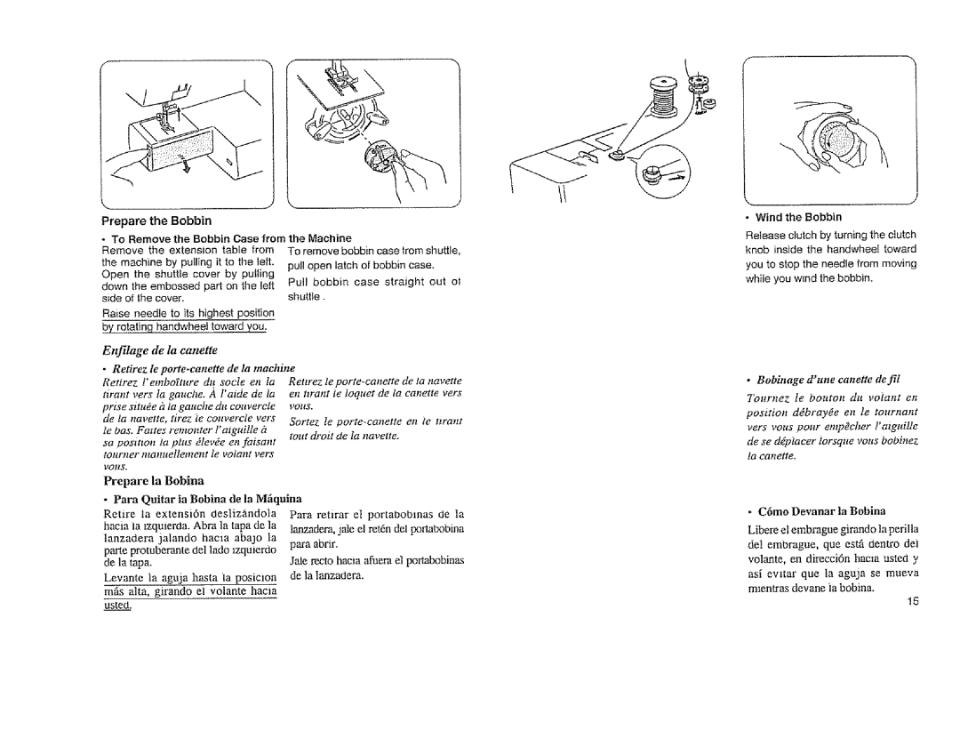 Sears 385. 11608 owner manual Prepare the Bobbin, Enf!lage de ta canette, Retirez te porte-cauette de la machine 