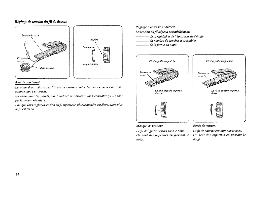 Sears 385. 11608 owner manual Rdglage de tension du fil de dessus, Manque De tension ExcYs, Tenston, Doigt 