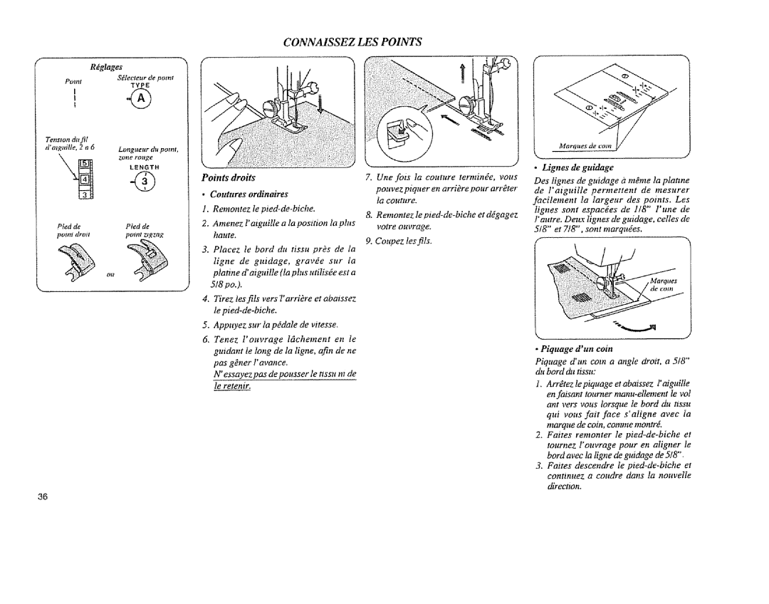 Sears 385. 11608 owner manual Rdglages, Tenswn dufil, Piquage dun coin 