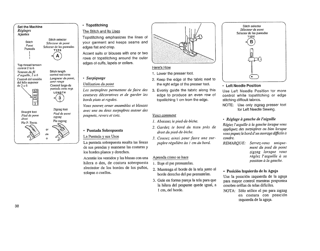 Sears 385. 11608 owner manual Puntada Sobrepuesta, Set the Machine, Topstitching, Left Needle Position 