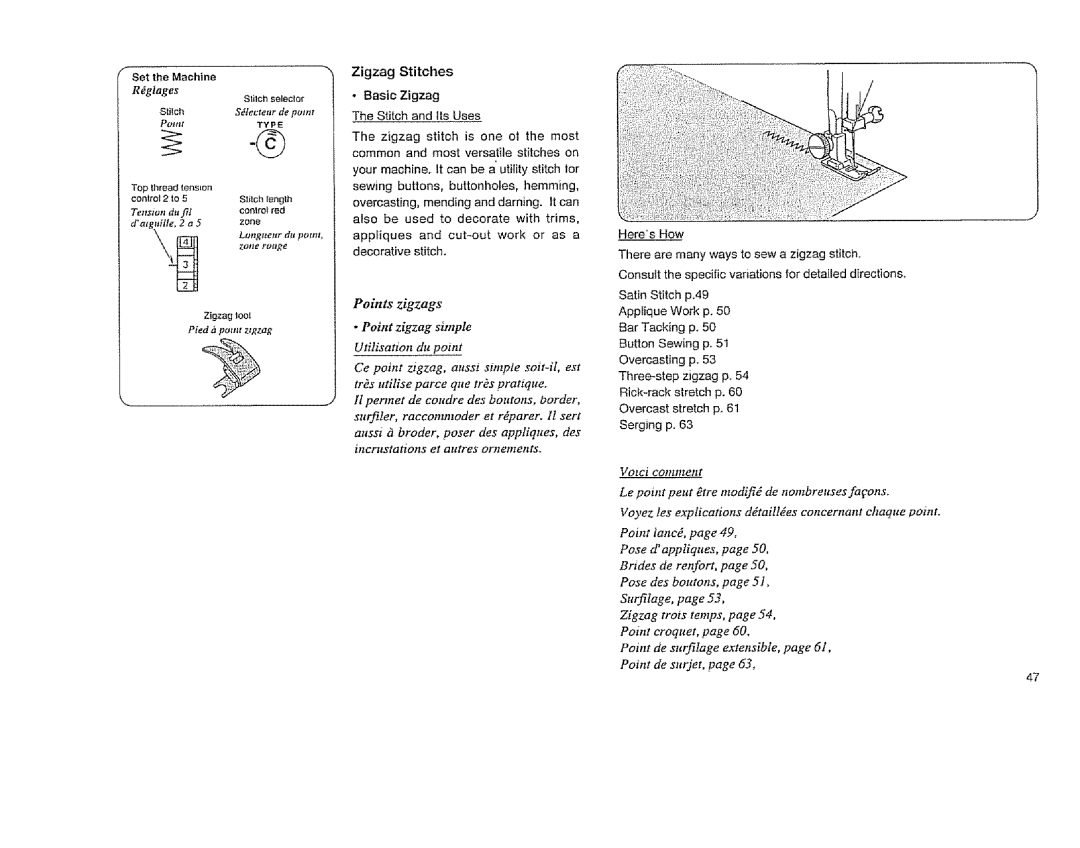 Sears 385. 11608 owner manual Datguitle, Pied h potttt ztgzag Points zigzags Point zigzag sinzple, Utilisation du point 