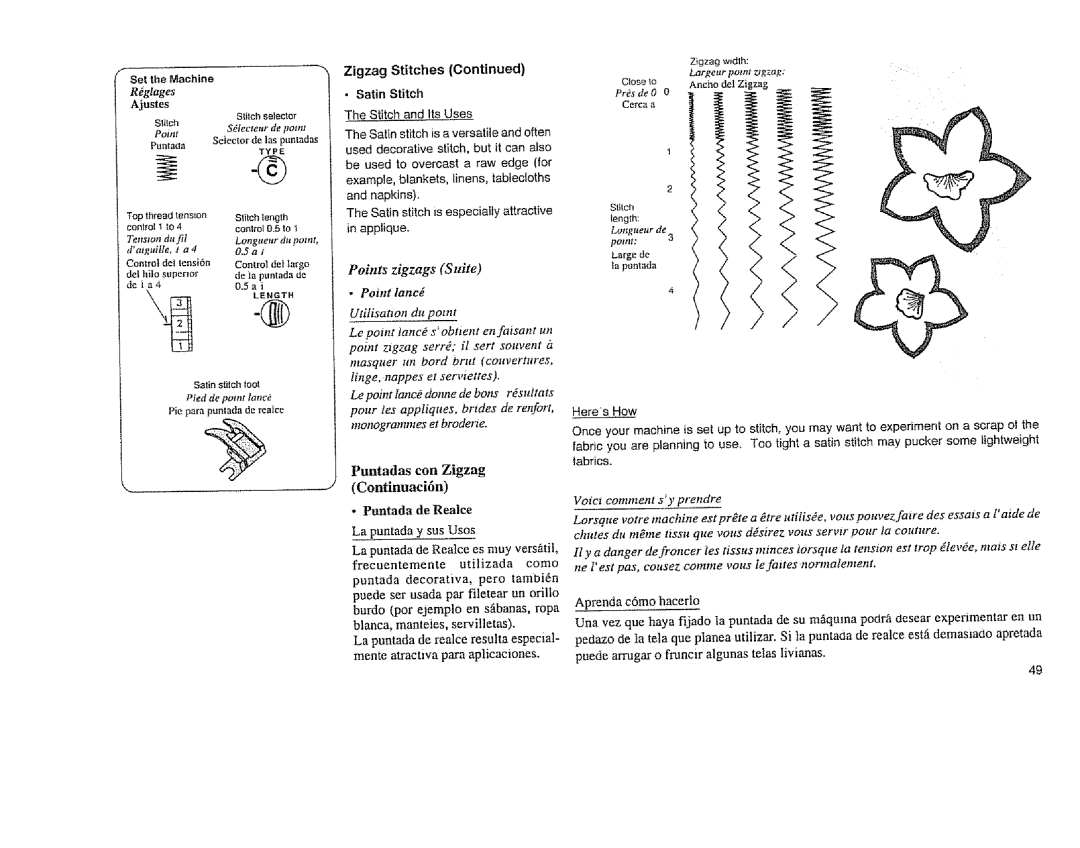 Sears 385. 11608 owner manual Puntadas con Zigzag, Rglages, Zigzag Stitches, Point lancd 