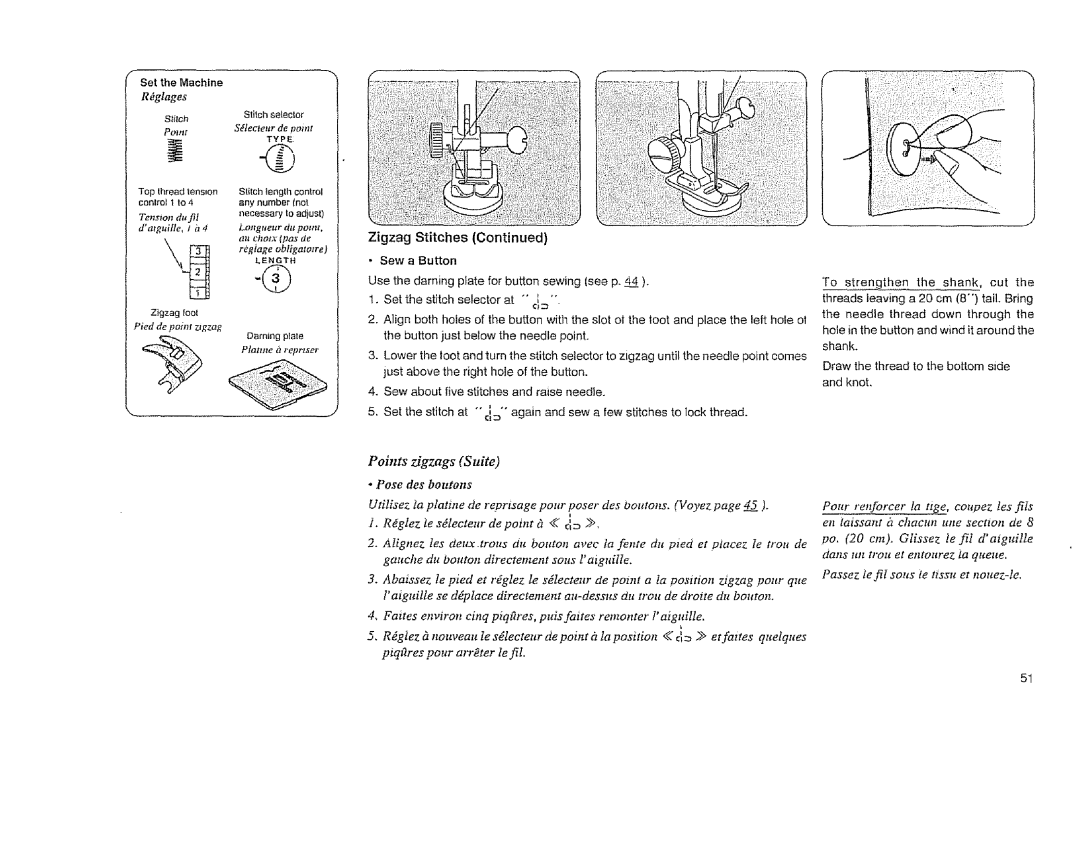 Sears 385. 11608 owner manual Pieddepoimzsgzag, Passez fe fiI sorts le ttsst¢ et nouez-te 