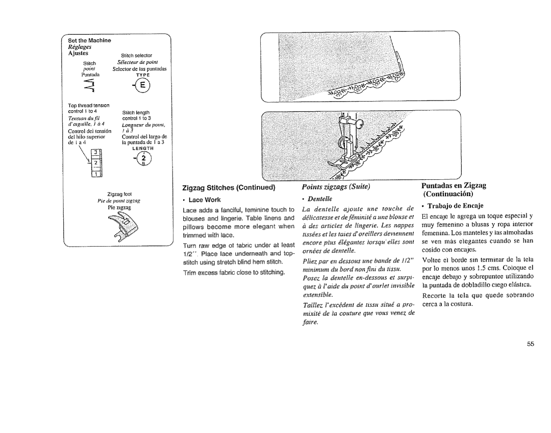 Sears 385. 11608 owner manual Zigzags Suite Puntadas, Encaje, Agrega, Terminar 