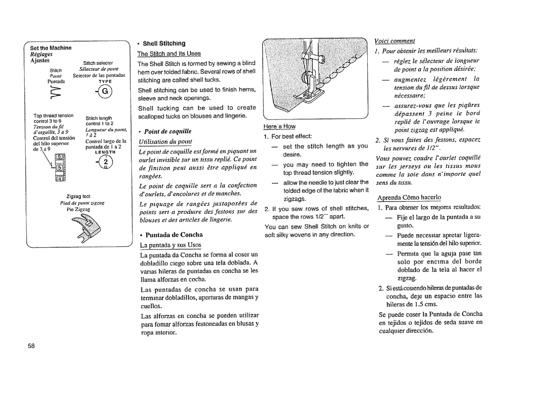 Sears 385. 11608 owner manual Puntada de Coneha La puntada y sus Uses, Pied de pores z+gzag 