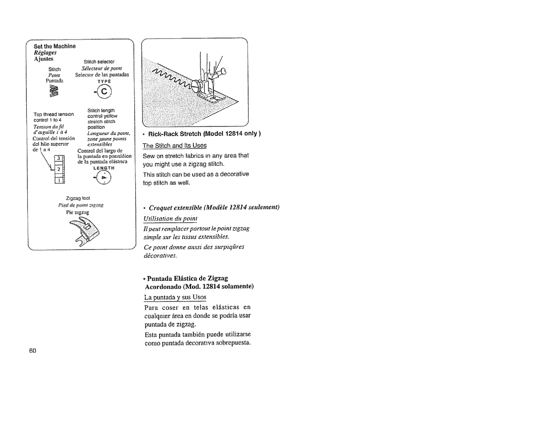 Sears 385. 11608 owner manual Extensibles, Control del largo de, De Is puntada elistnca, Pied de point zigzag 