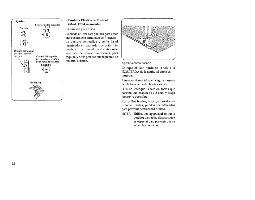 Sears 385. 11608 owner manual Puntada Elfistica de Fileteado Mod solamente, Material elfishco 