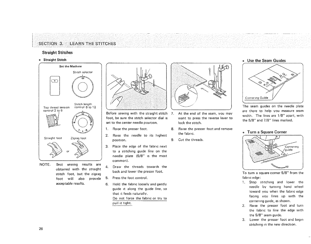 Sears 385. 1264180, 385. 1254180 owner manual Straight Stitches, Use the Seam Guides, Turn a Square Corner, Set the Machine 