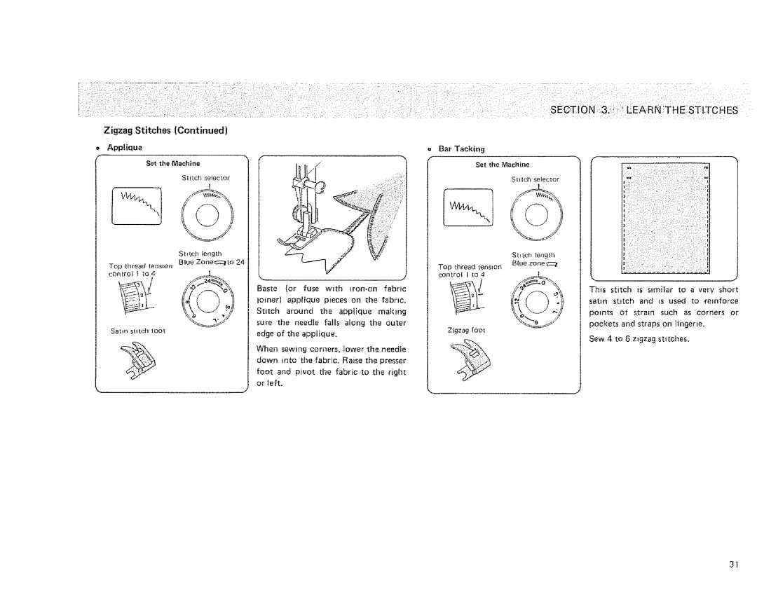 Sears 385. 1254180, 385. 1264180, 385. 1274180 Zigzag Stitches, = Applique Set the Machine, = Bar Tacking Set the Machine 