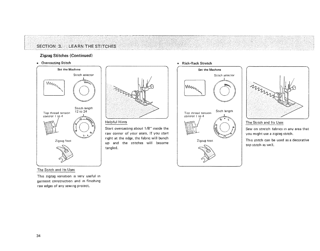 Sears 385. 1254180, 385. 1264180, 385. 1274180 owner manual Zigzag Stitches, = Overcasting Stitch Set the Mchme 