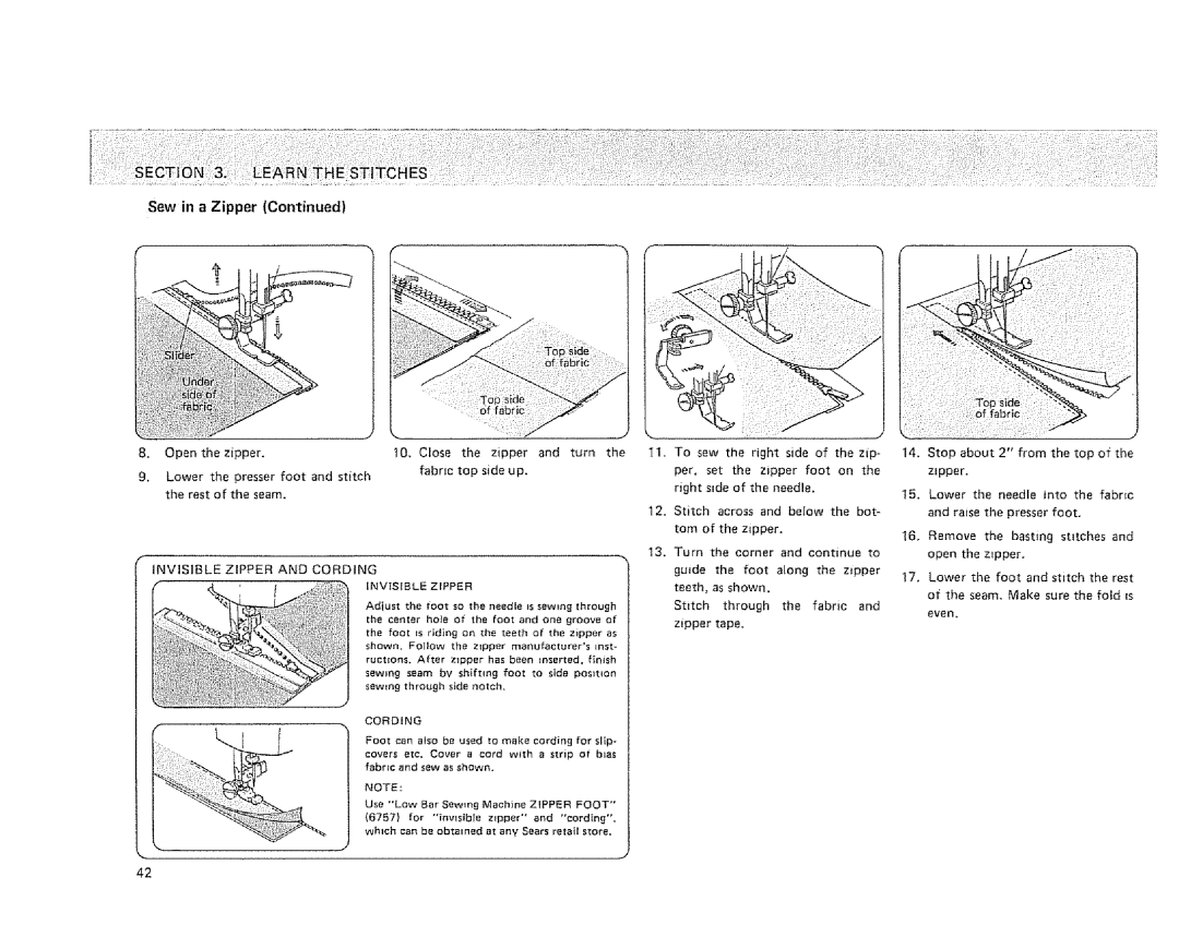 Sears 385. 1274180, 385. 1254180, 385. 1264180 owner manual Sew in a Zipper, Stop about 2 from the top 