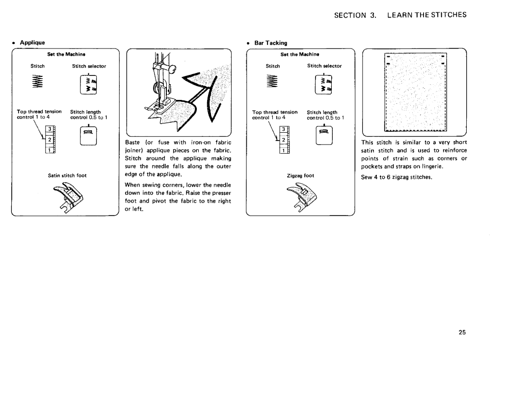 Sears 385. 12710, 385. 12714, 385. 12712 Applique Set the Machine Stitch Stitch selector, Top thread tension Stitch 