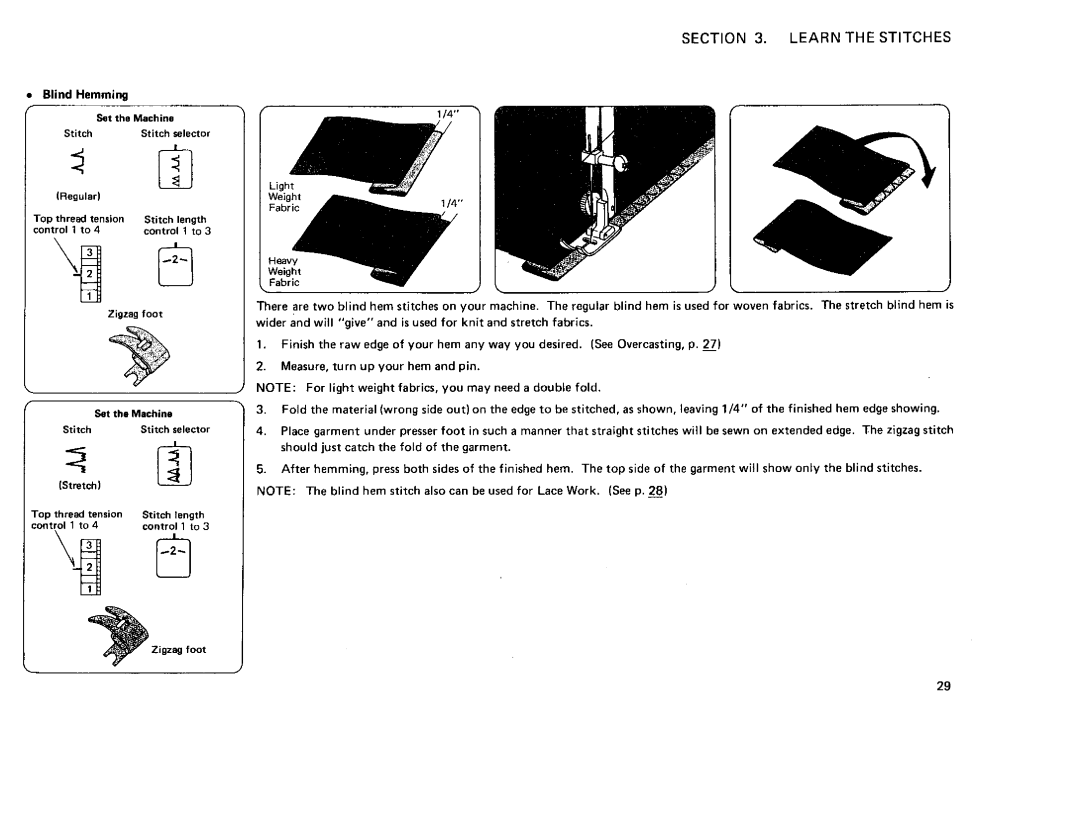 Sears 385. 12710, 385. 12714, 385. 12712, 385. 12708 owner manual Blind Hemming, Weight Fabric1/4 