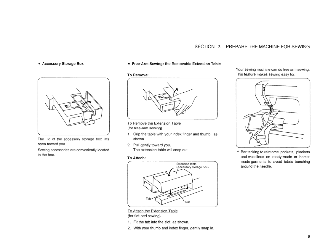 Sears 385. 17526 owner manual Accessory Storage Box, Free-Arm Sewing the Removable Extension Table To Remove, To Attach 