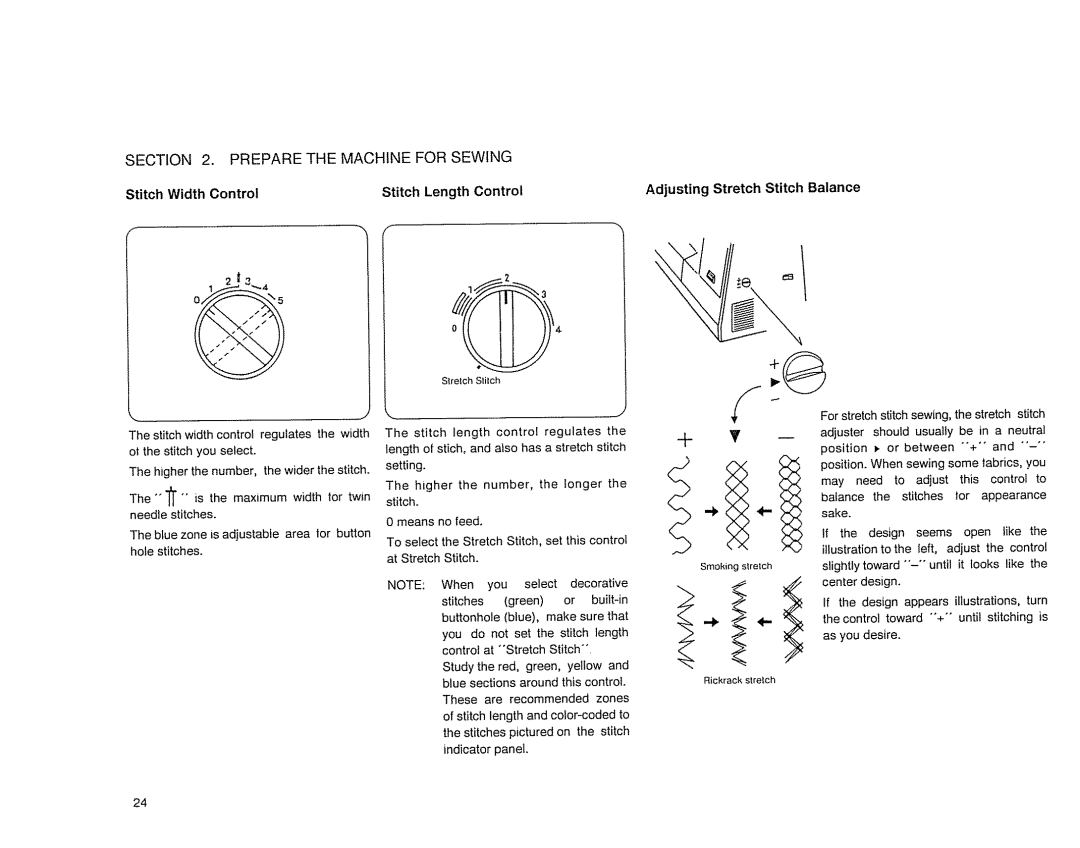 Sears 385. 17526 owner manual Stitch Width Control Stitch Length Control, Adjusting Stretch Stitch Balance 