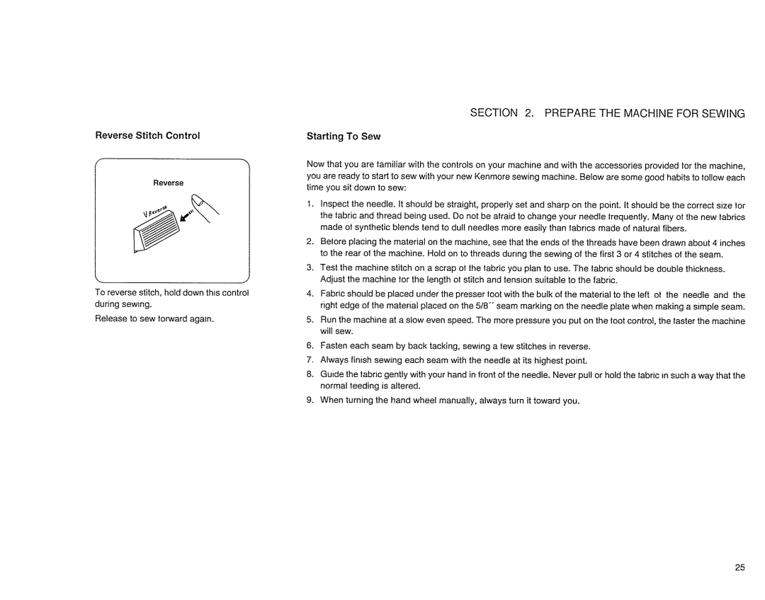 Sears 385. 17526 owner manual Starting To Sew, Reverse Stitch Control 