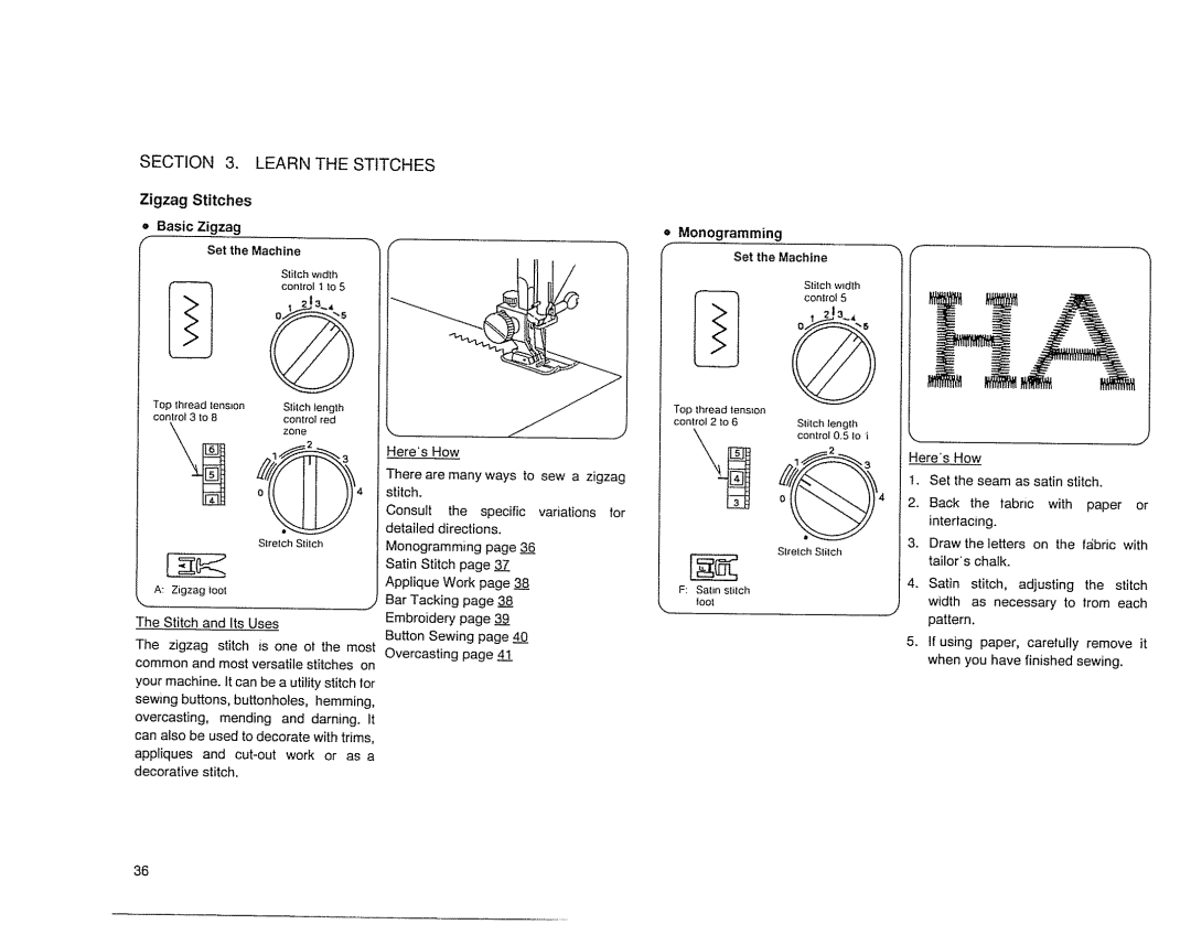 Sears 385. 17526 owner manual Stitches, Basic Zigzag Monogramming Set the Machine, Lrom 