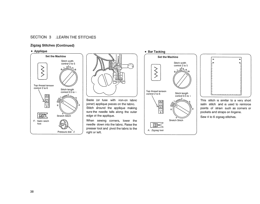 Sears 385. 17526 owner manual Zigzag Stitches, Applique Set the Machine, Bar Tacking Set the Machine 