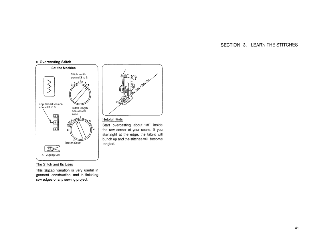 Sears 385. 17526 owner manual Learn the Stitches, Overcasting Stitch 