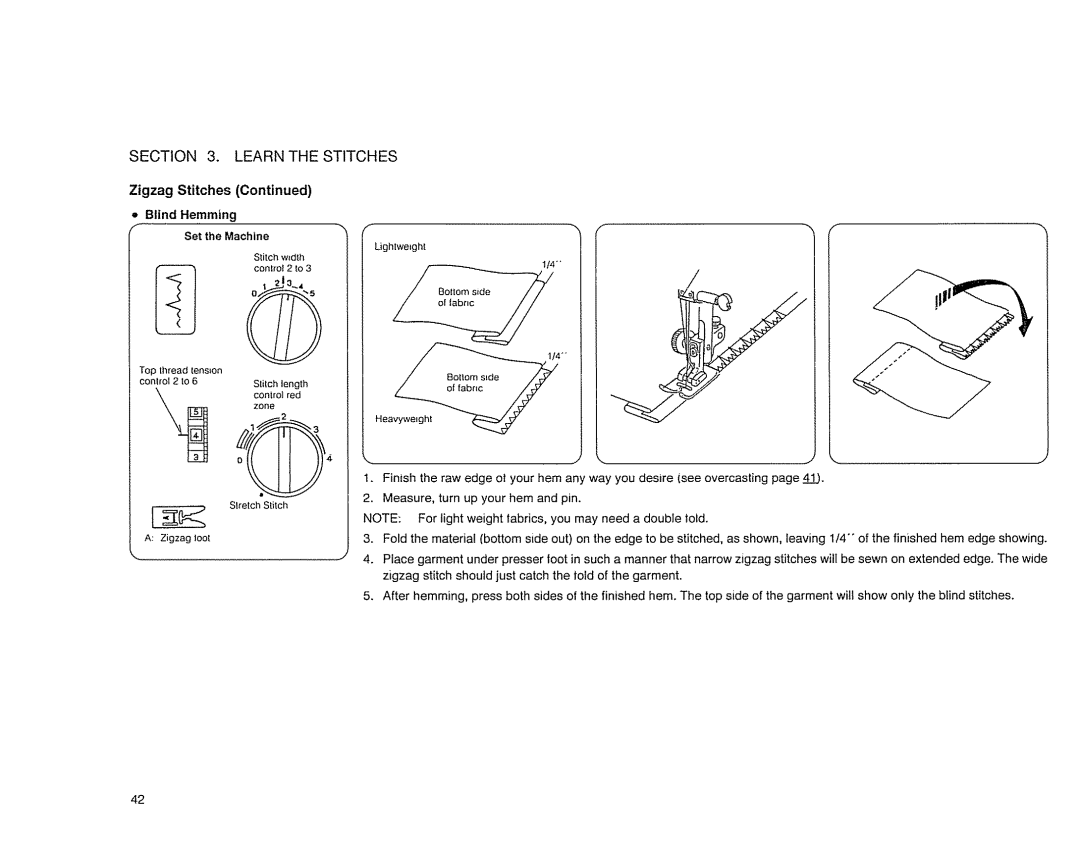 Sears 385. 17526 owner manual Zigzag Stitches, Blind Hemming Set the Machine 