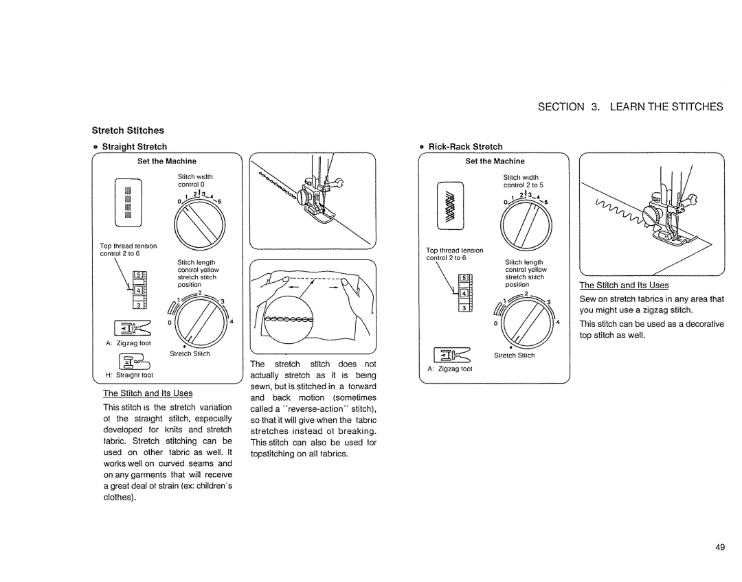 Sears 385. 17526 owner manual Stretch Stitches, = Rick-Rack Stretch Set the Machine 