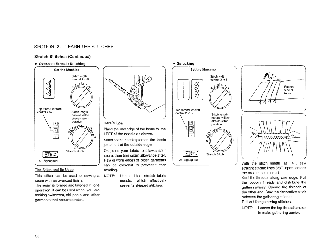 Sears 385. 17526 owner manual Stretch St itches, Overcast Stretch Stitching Set the Machine, = Smocking Set the Machine 