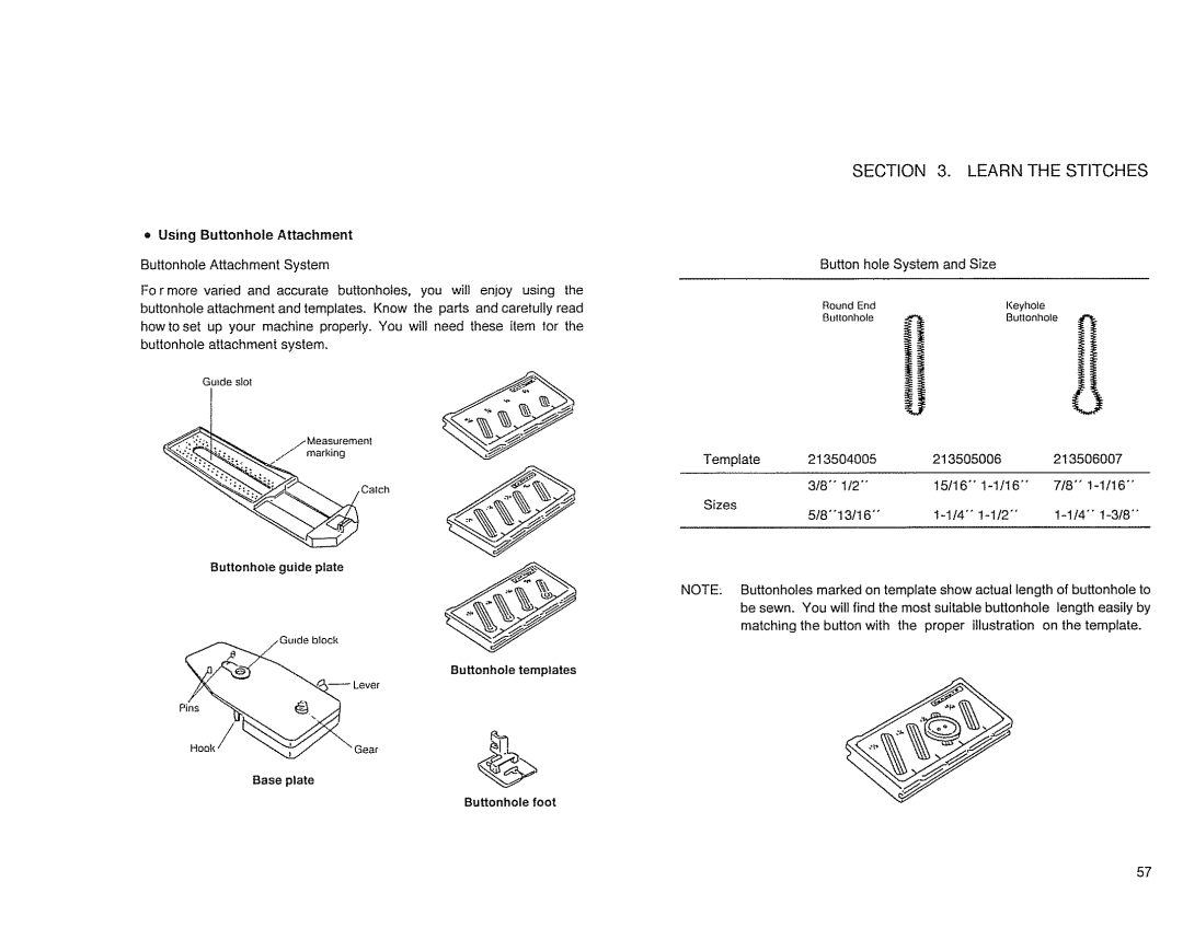 Sears 385. 17526 owner manual Using Buttonhole Attachment, Button hole System and Size 