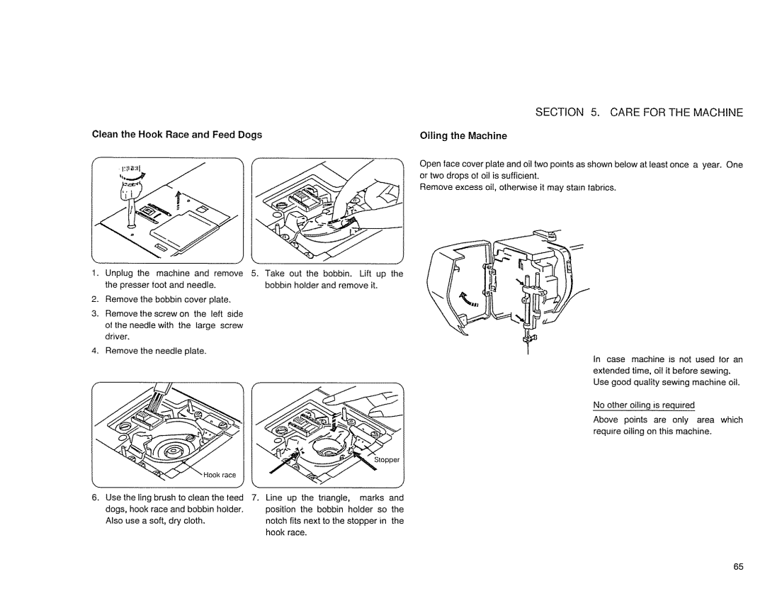 Sears 385. 17526 owner manual Clean the Hook Race and Feed Dogs, Oiling the Machine 