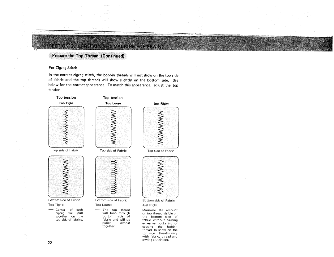 Sears 385. 17928 owner manual For Zigzag Stitch, Top tension Too Tight Too Loose Just Right 