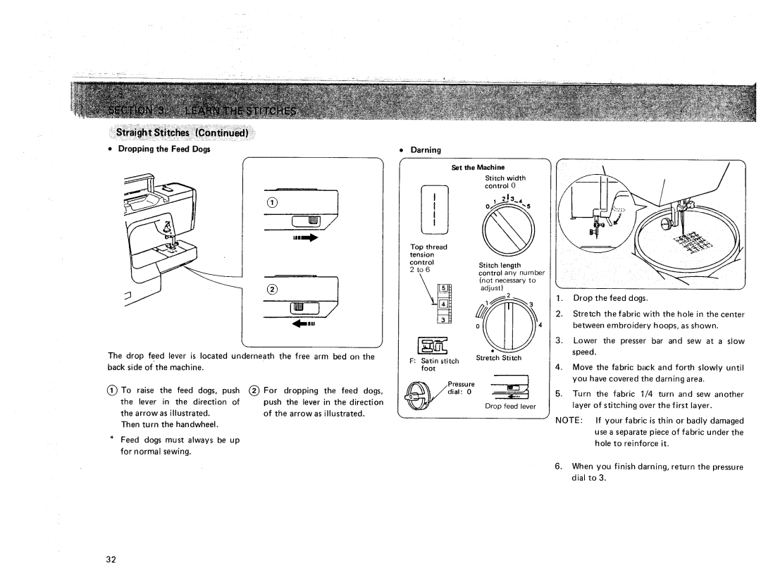 Sears 385. 17928 owner manual Darning, Dropping the Feed Dogs, Set the Machine, 213, Length 