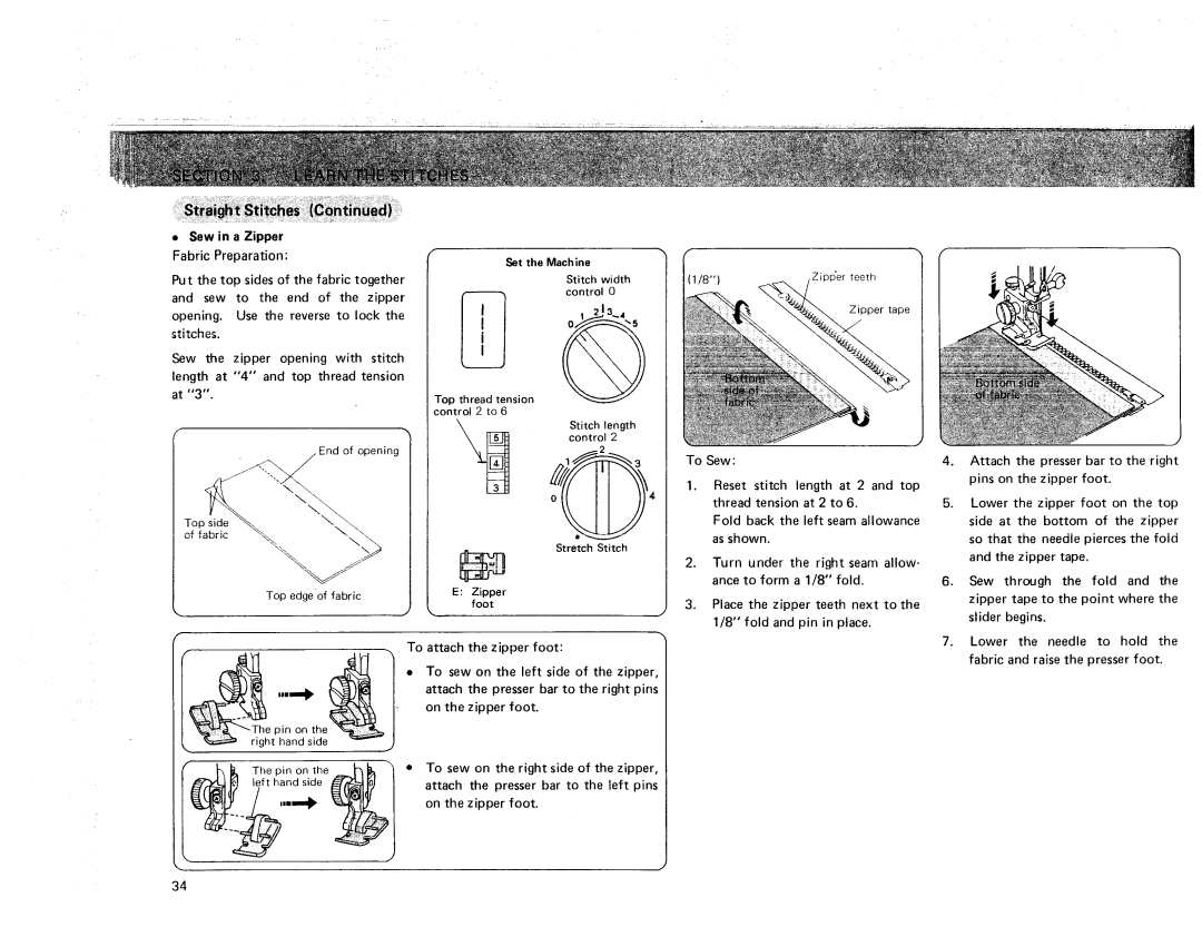 Sears 385. 17928 owner manual Sew in a Zipper, On the zipper foot 