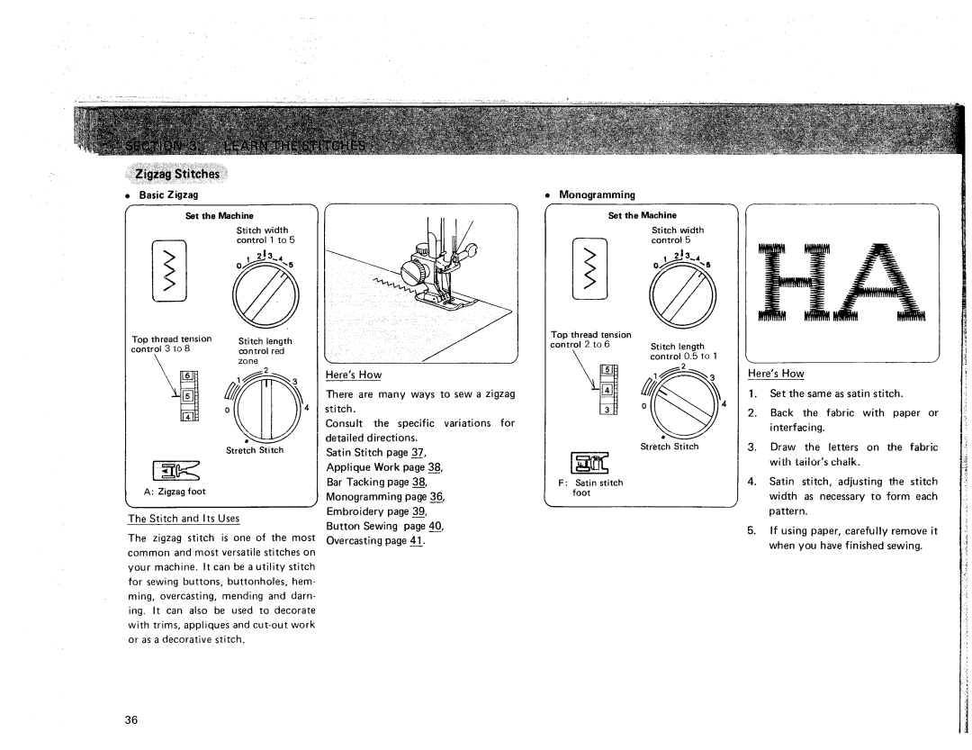 Sears 385. 17928 owner manual Basic Zigzag Stitch width control 1 to Set the Machine, Monogramming, Wtu Chalk 