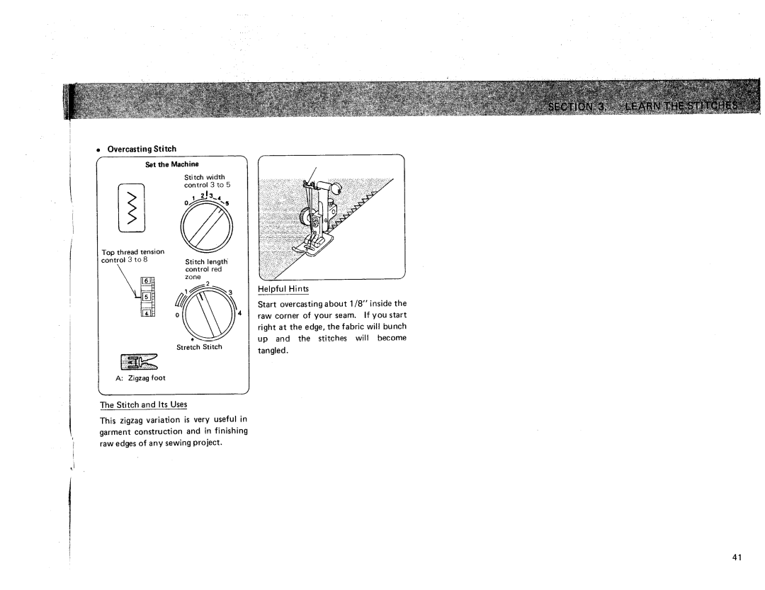 Sears 385. 17928 owner manual Overcasting Stitch, Zigzag foot 