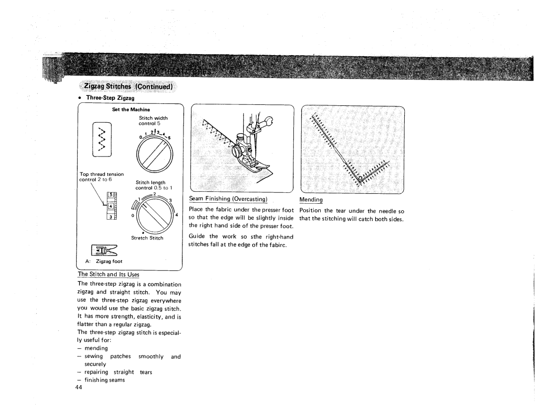 Sears 385. 17928 owner manual Three-Step Zigzag, Zigzag foot 