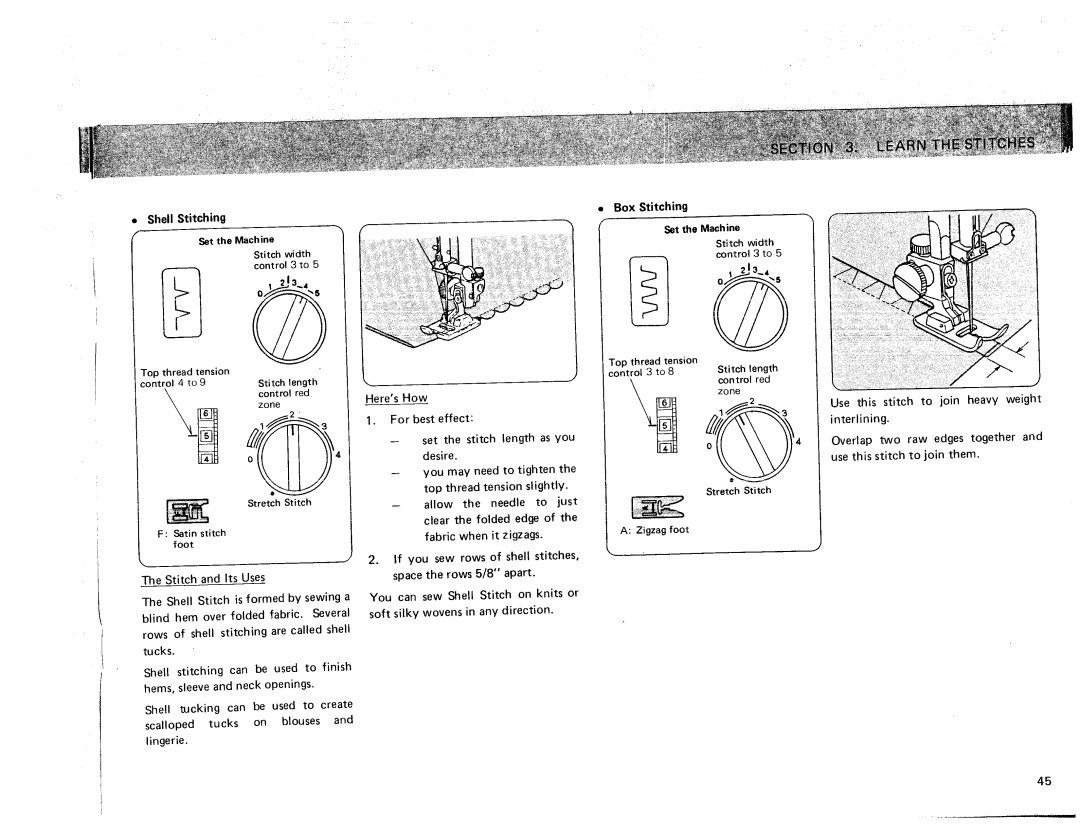 Sears 385. 17928 Box Stitching, Shell Stitching Set the Machine Stitch width control 3 to, Control 3 to, Stitch length 