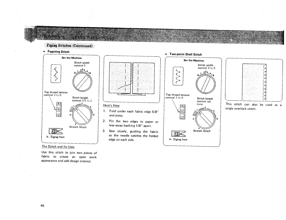 Sears 385. 17928 owner manual Two-point Shell Stitch, Fagoting Stitch 