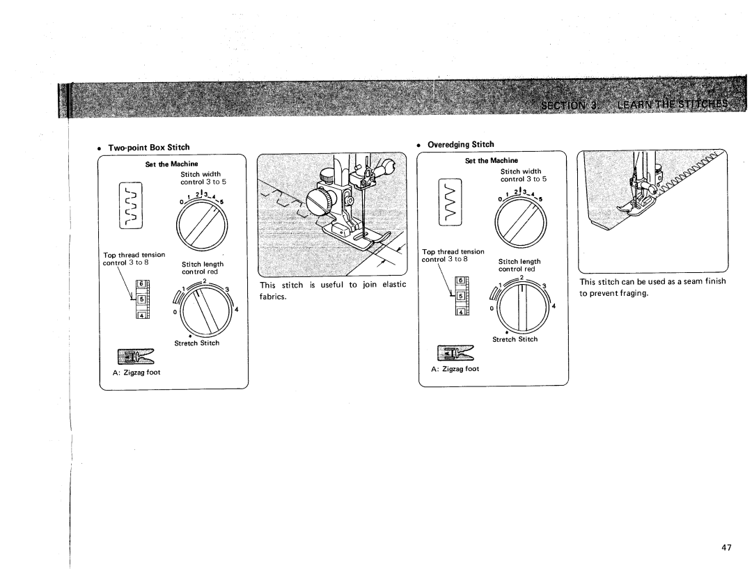 Sears 385. 17928 owner manual Two-point Box Stitch, Overedging Stitch, Useful to join elastic 