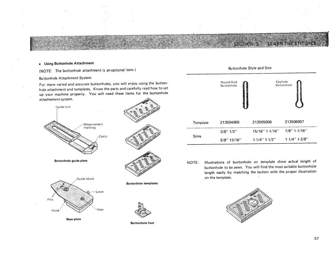 Sears 385. 17928 Using Buttonhole Attachment, Template 213504005 213505006 213506007 Sizes 15/16, More Varied, Will 