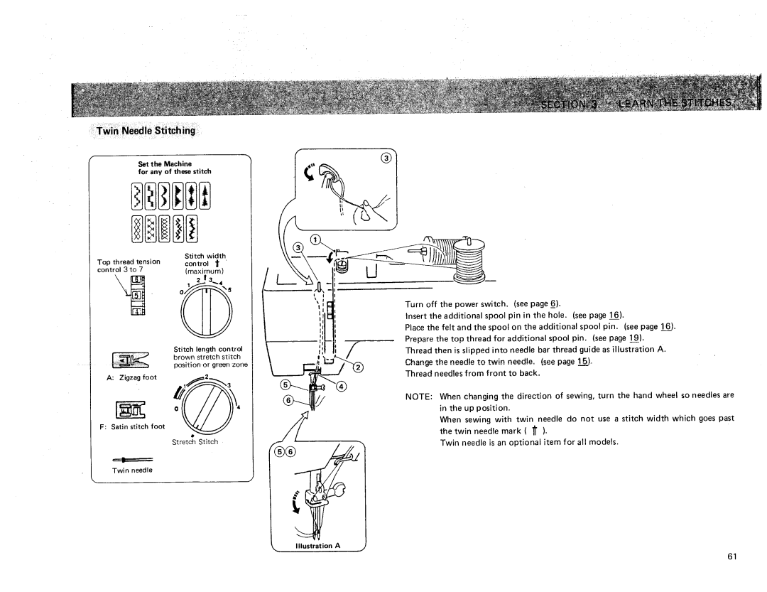 Sears 385. 17928 owner manual Set the Machine For any of these stitch Stitch width, Satin stitch foot, Illustration a 