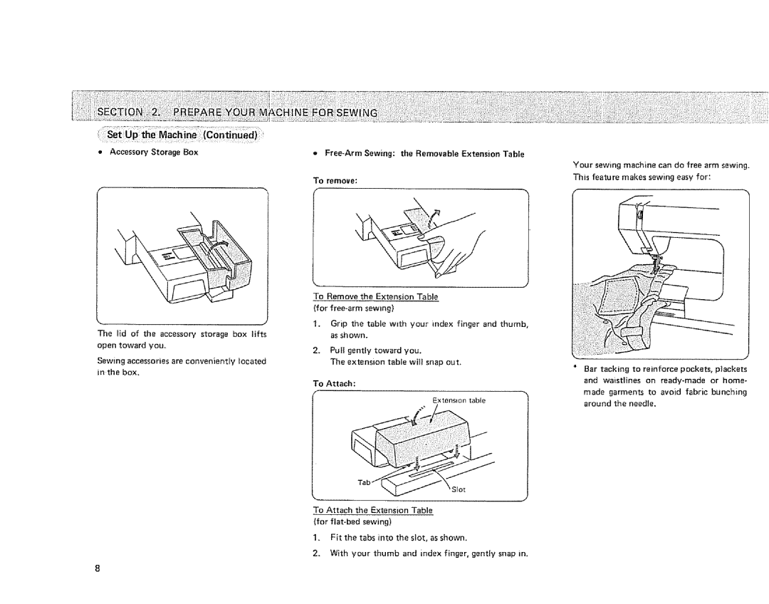 Sears 385. 1884180 owner manual = Free-Arm Sewing the Removable Extension Table, To remove 